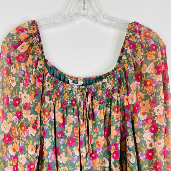 Lauren Conrad green pink floral chiffon boho stretchy cottagecore top large - Picture 2 of 7